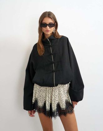 Topshop Giacca bomber nera con colletto alla coreana-Nero