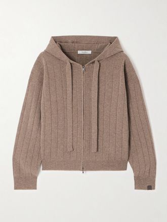 Max Mara Maglia In Cashmere A Coste Con Cappuccio E Zip Ruberia - Marrone