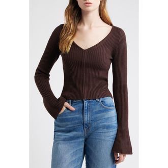 Madewell V-Neck Wool Rib Sweater Top in Chocolate Raisin at Nordstrom, Size Xx-Small