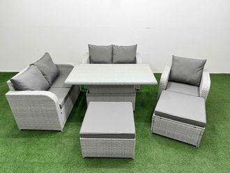 Fimous High Back Poly Rattan Garden Furniture Set w/ Reclining Chair Loveseat Sofa Adjustable Lifting Dining or Coffee Table Indoor Outdoor Patio Set