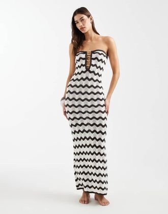 4th & Reckless Vestito lungo a fascia in maglia alluncinetto marrone e bianco con motivo a zig-zag e perline-Multicolore