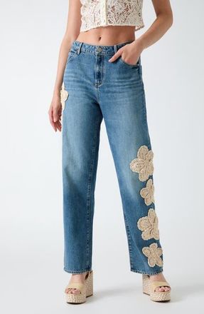 Guess Gaia Floral Appliqu&eacute; High Waist Straight Leg Jeans in Dark Blue at Nordstrom, Size 30 X 31