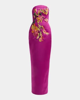 Amsale Floral Satin Strapless Column Gown