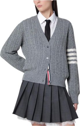 Thom Browne Anchor Intarsia Cable Stitch V Neck Cardigan - Dames - Truien - Grijs - Maat: L Wol