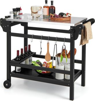 Costway Costway - Cocina Exterior, Mesa Carro De Barbacoa Con Estante Hdpe, Tapa De Acero Inoxidable, Bandeja Para Condimentos, Estante Para Botellas, Con Asa