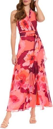 London Times Floral Halter Maxi Dress in Coral/Boysenberry at Nordstrom Rack, Size 10