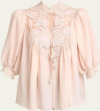 Chlo&eacute; Lace-Trim Puff-Sleeve Organic Silk Crepe De Chine Top