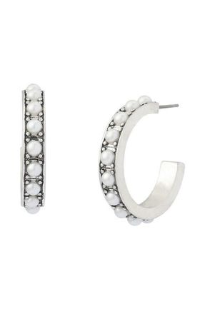 AllSaints Imitation Pearl Hoop Earrings in Pearl/Warm Silver at Nordstrom