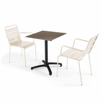 Oviala Mesa de jard&iacute;n laminada y 2 sillones de metal marfil