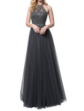Sherri Hill Beaded Halter Tulle Skirt Prom Dress In Grey