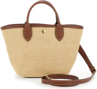 Longchamp Womens Shopper Bag With Leather Handles, Brown Cotton Tote