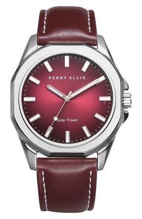 Perry Ellis Solar Powered 3-Hand Quartz Leather Strap Watch, 41mm in Silver/burgundy at Nordstrom Rack