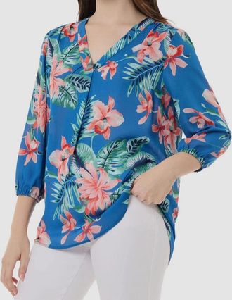 Jones New York Tunic Top Womens Blue Floral Pleated V-Neck Blouse FTS1529