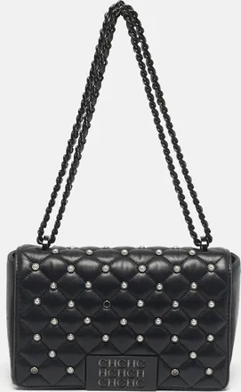 Carolina Herrera Black Quilted Leather Pearl Studded Flap Chain Shoulder Bag