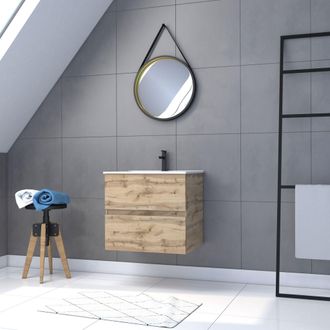 Aurlane Aurlane - Mueble De Ba&ntilde;o Suspendido 60cm - Puertas Acabado Roble - Lavabo Blanco + Espejo Barbero