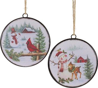 Melrose International Set Of 12 Woodland Snowman Disc Ornament