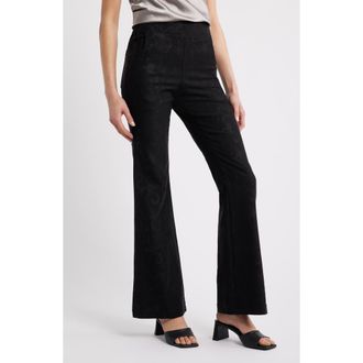 Hue High Waist Etched Floral Flare Leg Pants in Black at Nordstrom, Size Medium