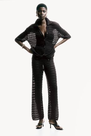 H&M Crochet-look Cotton Trousers in Dark Brown at Nordstrom, Size X-Large