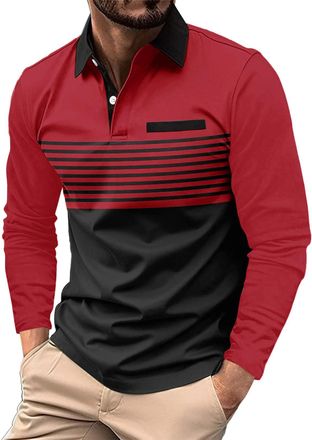 Generic WINWUQB Mens Long Sleeve Polo Shirt Casual Stripe Collar Golf Rugby T-Shirt Fashion Work Sports Top Regular Fit Autumn Outdoor Polos (Red,XL)