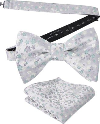 Alizeal Mens Floral Patterned Pre-tied Bow Tie and Hanky for Formal Wedding Business Party Natural Bow Tie Set, Gray+Green