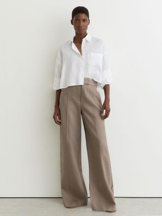 Reiss Taupe Neutral Linen Wave-trim Wide-leg Trousers, 18R