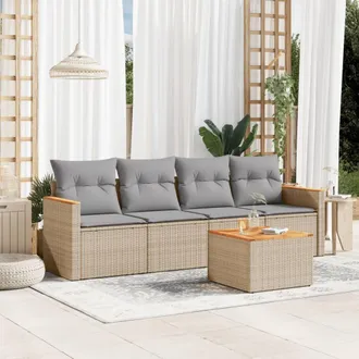 vidaXL Juego De Sof&aacute;s Jard&iacute;n Con Cojines Beige Mezcla 5 Pzas Rat&aacute;n Pe Vidaxl
