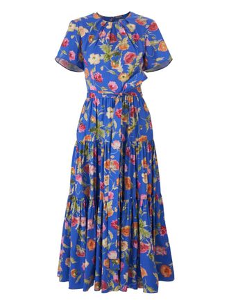 Carolina Herrera poppy-print tiered midi dress with sash - Blue
