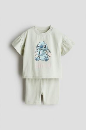 H&M 2-piece Printed Cotton Set in Dusty Green/lilo & Stitch at Nordstrom, Size 12M