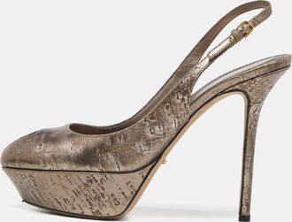 Sergio Rossi Gold Metallic Leather Peep Toe Platform Slingback Pumps