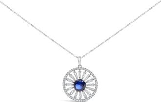House of Brilliance Sterling Silver Lab Grown Sapphire and 1.0 Cttw Baguette Diamond Medallion Pendant Necklace