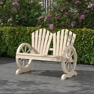 OUTSUNNY 2 Seater Garden Bench w/ Wheel-Shaped Armrests Natural Wood