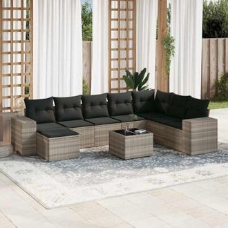 vidaXL Set Muebles Jard&iacute;n 9 Pzas Y Cojines Rat&aacute;n Sint&eacute;tico Gris Claro Vidaxl