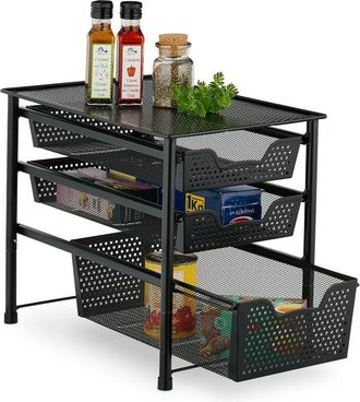 Relaxdays Drawer Shelf, Stackable Organiser, Metal, Kitchen, Bathroom, 3 Pull-out Baskets, hwd: 35 x 28 x 42.5cm, Black - Relaxdays