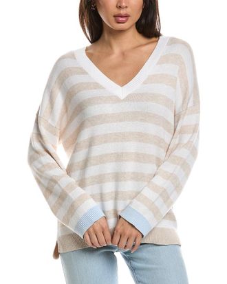 Fort&eacute; Cashmere High-Low Stripe V-Neck Cashmere-Blend Sweater