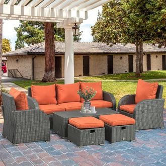 OUTSUNNY Rattan Garden Furniture Set with Recliners, Footstools in Orange
