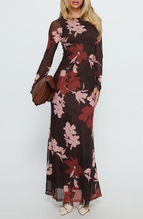Princess Polly Istefania Long Sleeve Floral Maxi Dress in Brown Multi at Nordstrom, Size 6