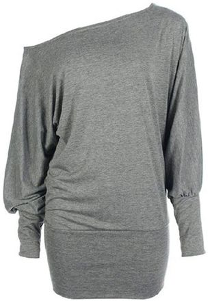 Crazy Girls GOSTYLES Womens Plain Batwing Bardot Jumper Top, Ladies Loose Fit Long Sleeve Off Shoulder Blouse Summer Shirts (Grey, S-M)