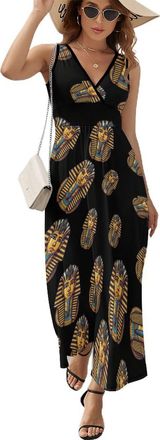 Generic Ancient Egyptian Pharaoh King Egyptian Womens Sleeveless Dress Trendy V Neck Maxi Tank Dress Sundress 2XL