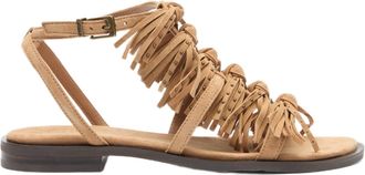 Ash Fringed Beige Suede Sandals With Adjustable Ankle Strap