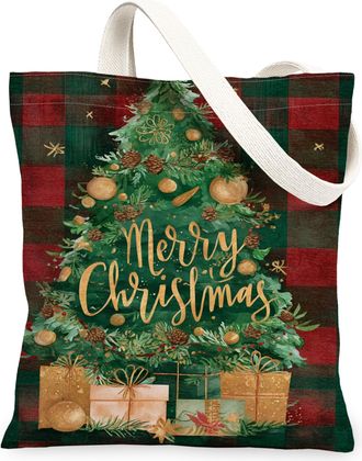Generic Christmas Tree Canvas Tote Bags, Festive Holiday Pattern Reusable Grocery Bags, Vintage Rustic Lightweight Washable Shoulde, Green, 13x15 Inch