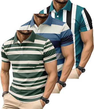 Generic 3 Pack Mens Fashion Color Block Polo Shirts Casual Short Sleeve T Shirt Striped Moisture Wicking Golf Shirts Tops (UK, Alpha, XXL, Regular, Regular, 8
