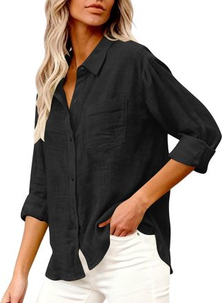 Generic Womens Summer Tops Casual Linen Shirts Button Up Long Sleeve Tunic Blouses Shirts Elegant Smart Office Wear 2026 Trendy Fashion Cheesecloth Cotton Top