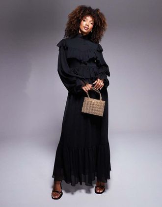 Daska Vestito lungo accollato in chiffon nero con volant