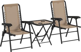 OUTSUNNY 3 Pieces Folding Garden Bistro Set with Cup Holders - Khaki - Khaki | TJ Hughes