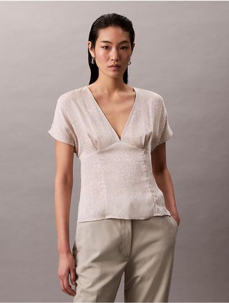 Calvin Klein Womens Printed Satin V-Neck Blouse - Neutral - XS