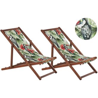 Beliani Set di 2 Sedie Sdraio da Giardino in Legno dacacia Naturale scuro tucani multicolore Anzio