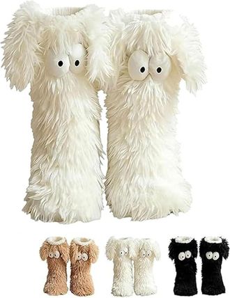 Generic Muffle Friends Cozy Socks with Eyes, Womens Winter Warm Fuzzy Non-Slip Slipper Socks, Thick Plush Home Socks with Cute Big Eyes for Indoor Comfort and