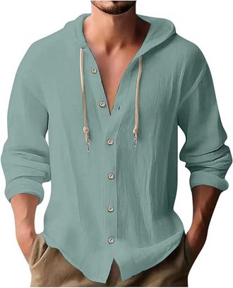 Generic MenS Long Sleeve Shirt Cotton Linen Hooded Loose Beach T Shirt Men Button Down T Shirts Drawstring Hooded Hippie Shirts Casual Cotton Beach Hoodies To