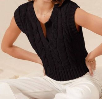 So Me Notched Neck Cable Knit Sweater Vest In Black