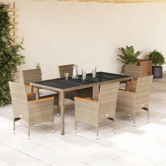 vidaXL Set Comedor Jard&iacute;n 7 Pzas Cojines Rat&aacute;n Sint&eacute;tico Vidrio Beige Vidaxl